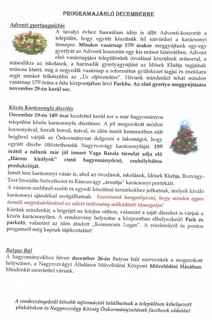 Decemberi programajánló - Nagyrozvágy