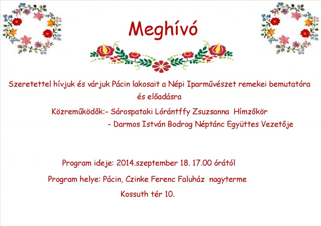 Népi Iparművészet Remekei előadás Pácinban