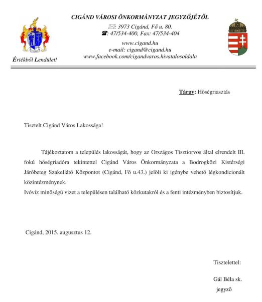 Tájékoztatás- Hőségriadó