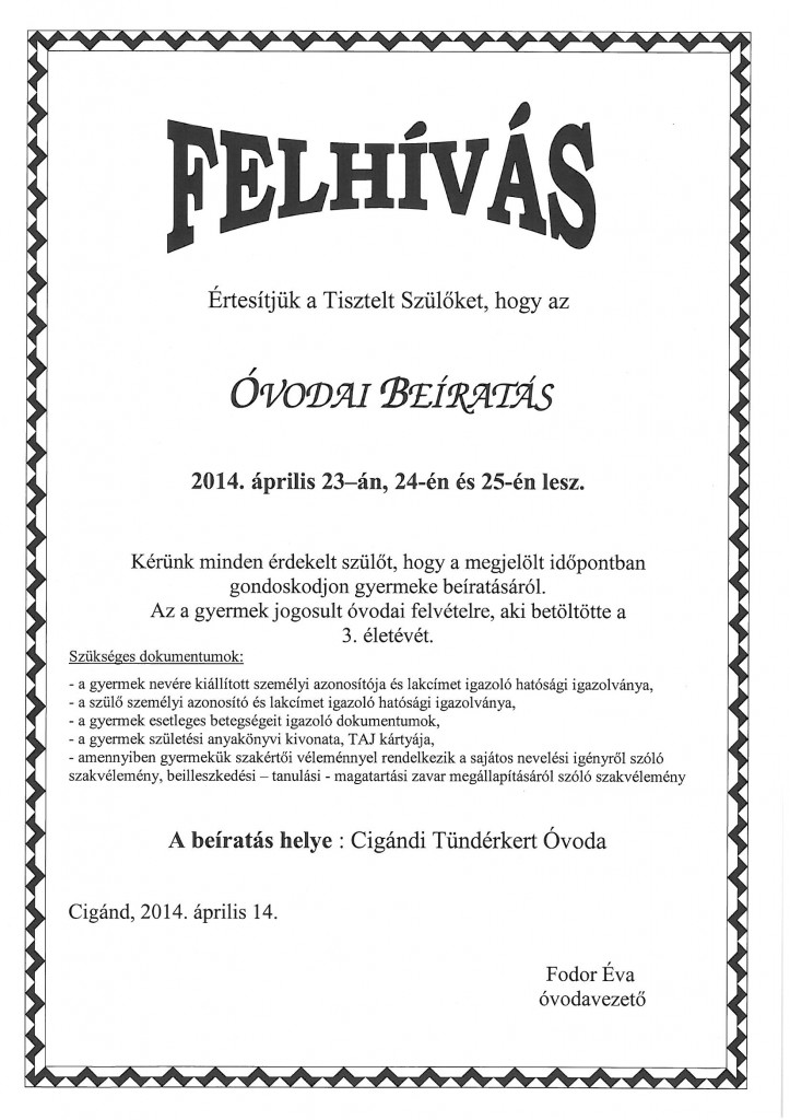 Felhívás-Óvódások beírtatása Cigándon
