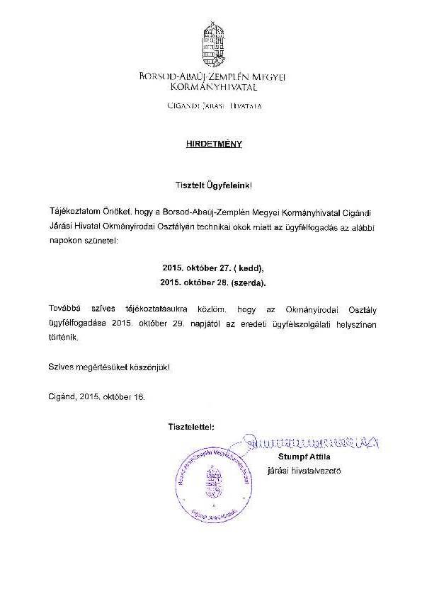 Hirdetmény - Borsod-Abaúj-Zemplén Megyei Kormányhivatal Cigándi Járási Hivatal