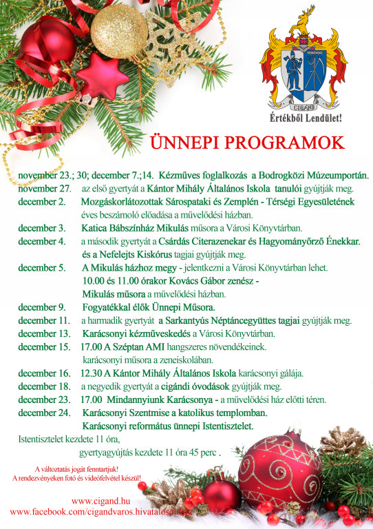 Ünnepi programok Cigándon 2016. November-December hónapban